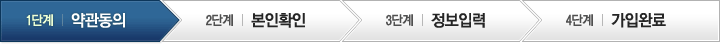 회원가입단계는 1단계-약관동의, 2단계-본인확인, 3단계-정보입력, 4단계-가입완료 절차이고, 현재 페이지는  1단계는 약관동의입니다.